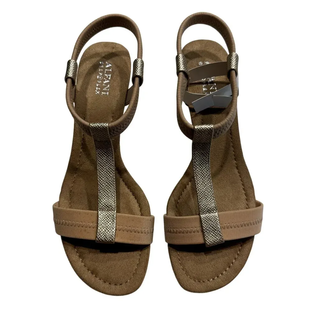 ALFANI T-Strap Voyage Wedge Slip On Slingback Sandal in Champagne, Size 8.5